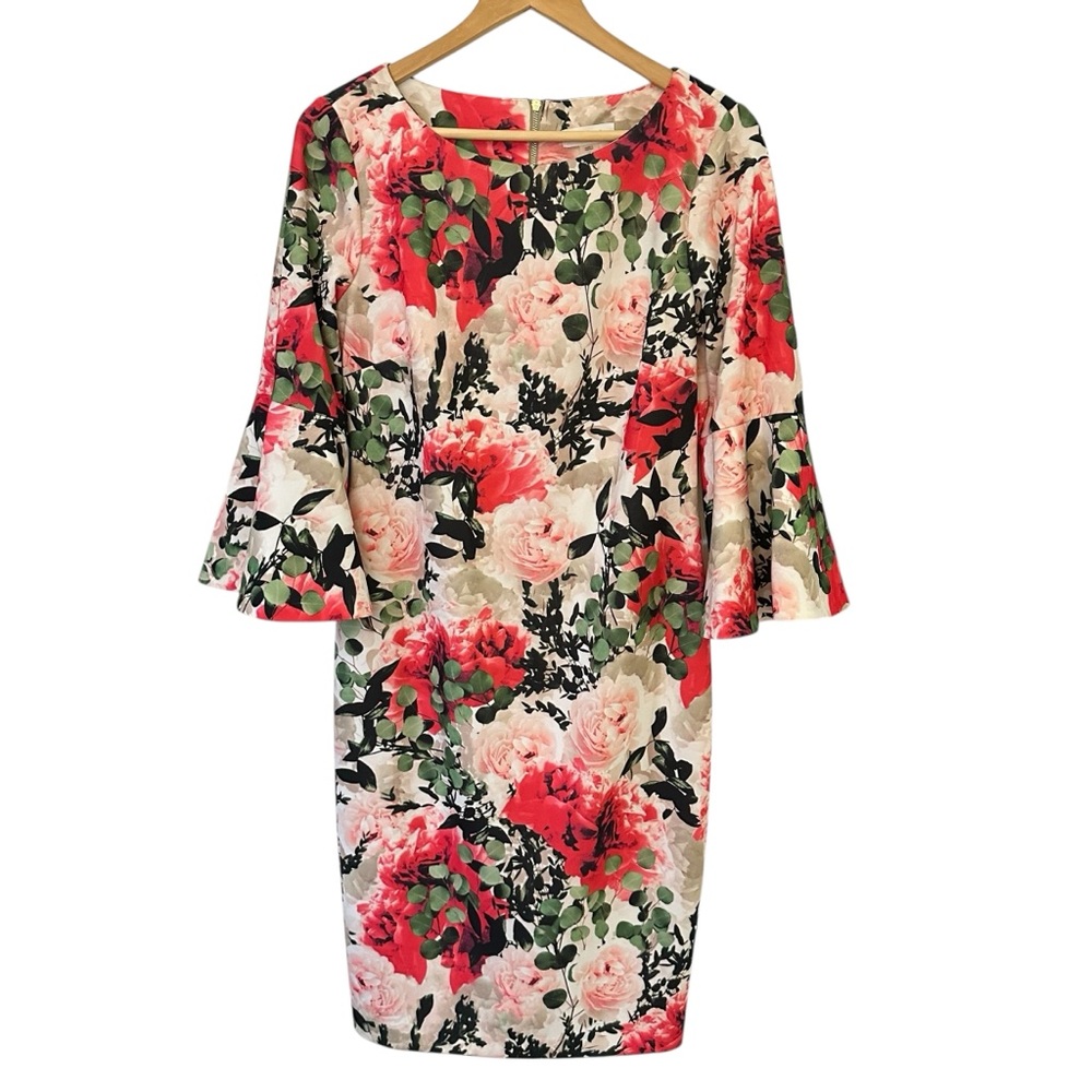 🌸 Floral Calvin Klein Print Sheath Dress with Bell Sleeves – Size 10